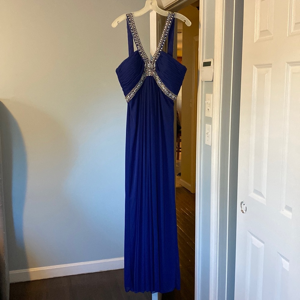 Sleeveless x neck mesh beaded long gown in royal blue